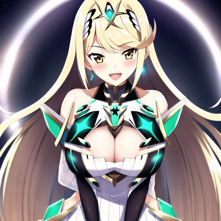 1girl, breasts, blonde hair, long hair, large breasts, solo, mythra (xenoblade), cleavage, yellow eyes, smile, looking at viewer, bare shoulders, dress, open mouth, jewelry, earrings, tiara, bangs, blush, white dress, gloves, cleavage cutout, thighs, :d, clothing cutout, chest jewel, very long hair, swept bangs, headpiece, armor