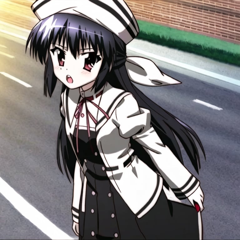 1girl, solo, black hair, long hair, school uniform, ribbon, hat, outdoors, open mouth, :o, day, blush, street, red eyes, red ribbon, looking at viewer, dress, v arms, hair ribbon, long sleeves, road, neck ribbon, bag