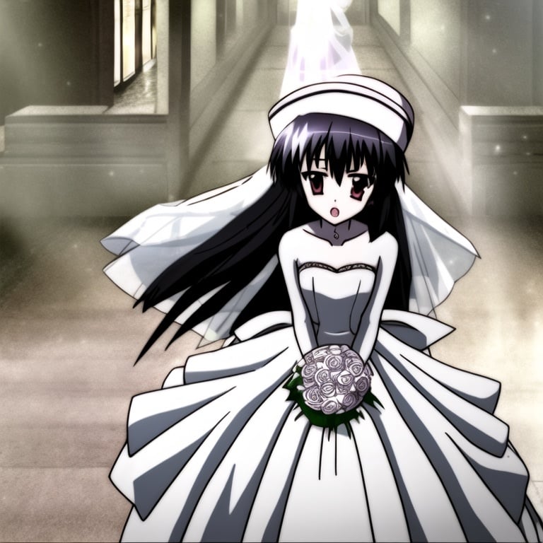 1Girl,Solo,(((wedding_dress))),Long_ Hair,Open_ South,Black_ Hair,Long_ Sleeps,Hat,Ribon,: o,Building