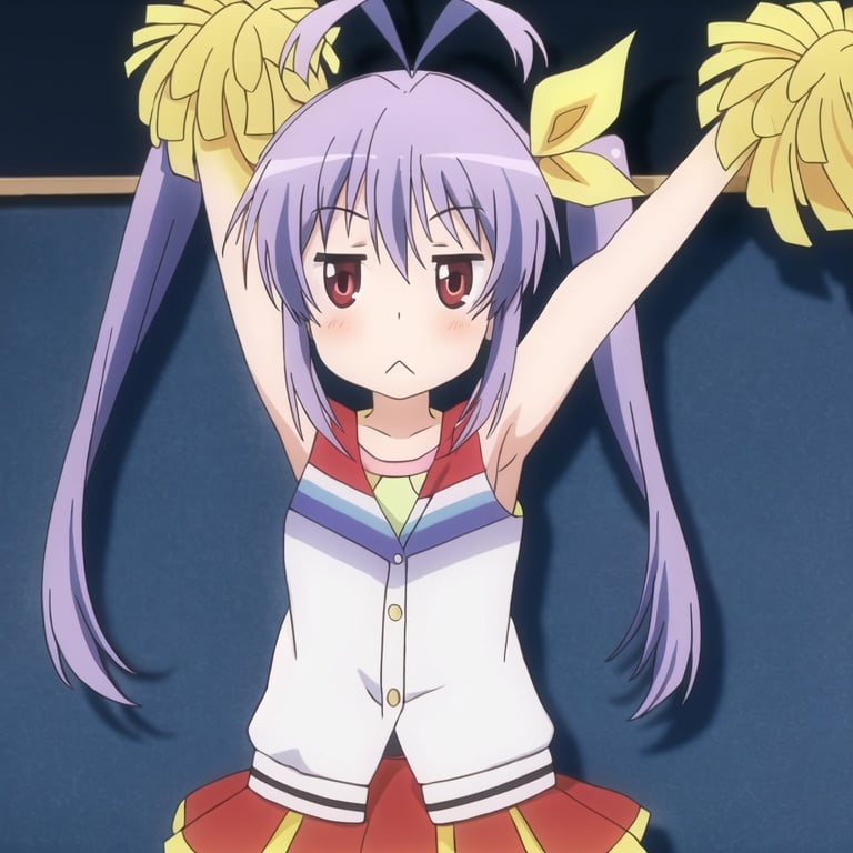 1girl, solo, pom pom (cheerleading), twintails, cheerleader, triangle mouth, antenna hair, skirt, purple hair, ribbon, long hair, hair ribbon, red eyes, :<, armpits, looking at viewer, jitome, arm up, chestnut mouth