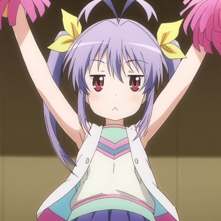 1girl, solo, pom pom (cheerleading), twintails, cheerleader, triangle mouth, antenna hair, skirt, purple hair, ribbon, long hair, hair ribbon, red eyes, :<, armpits, looking at viewer, jitome, arm up, chestnut mouth