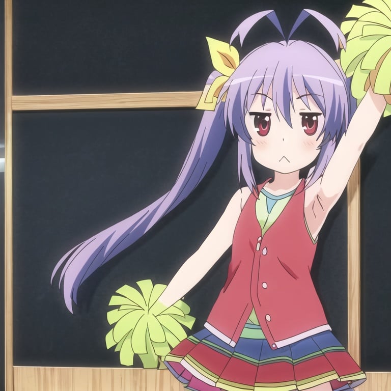 1girl, solo, pom pom (cheerleading), twintails, cheerleader, triangle mouth, antenna hair, skirt, purple hair, ribbon, long hair, hair ribbon, red eyes, :<, armpits, looking at viewer, jitome, arm up, chestnut mouth