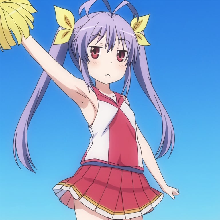 1girl, solo, pom pom (cheerleading), twintails, cheerleader, triangle mouth, antenna hair, skirt, purple hair, ribbon, long hair, hair ribbon, red eyes, :<, armpits, looking at viewer, jitome, arm up, chestnut mouth