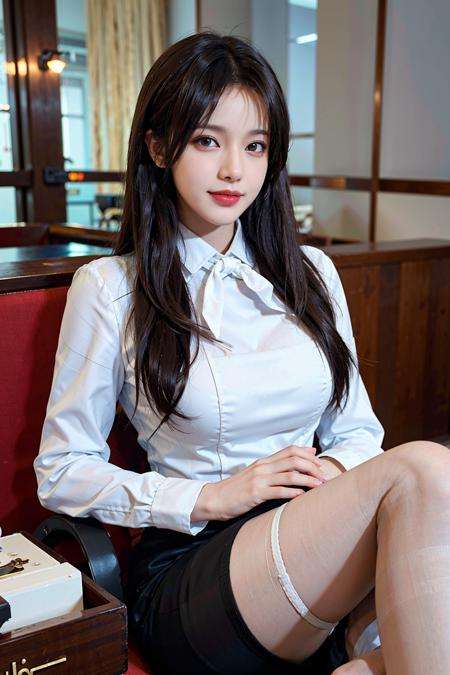 (best quality, masterpiece:1.2), photorealistic,(cinematic composition:1.3), ultra high res, cinematic lighting, ambient lighting, sidelighting, Exquisite details and textures, 1girl, full body, smile,black hair, look at viewer, detailed face, sitting, large breasts,  breasts, flight attendant uniform, (white pantyhose:1.2), high heel, airport, lounge, detailed background, depth of field, professional lighting, photon mapping, radiosity, physically-based rendering, <lora:GirlfriendMix_v1_v20:1>