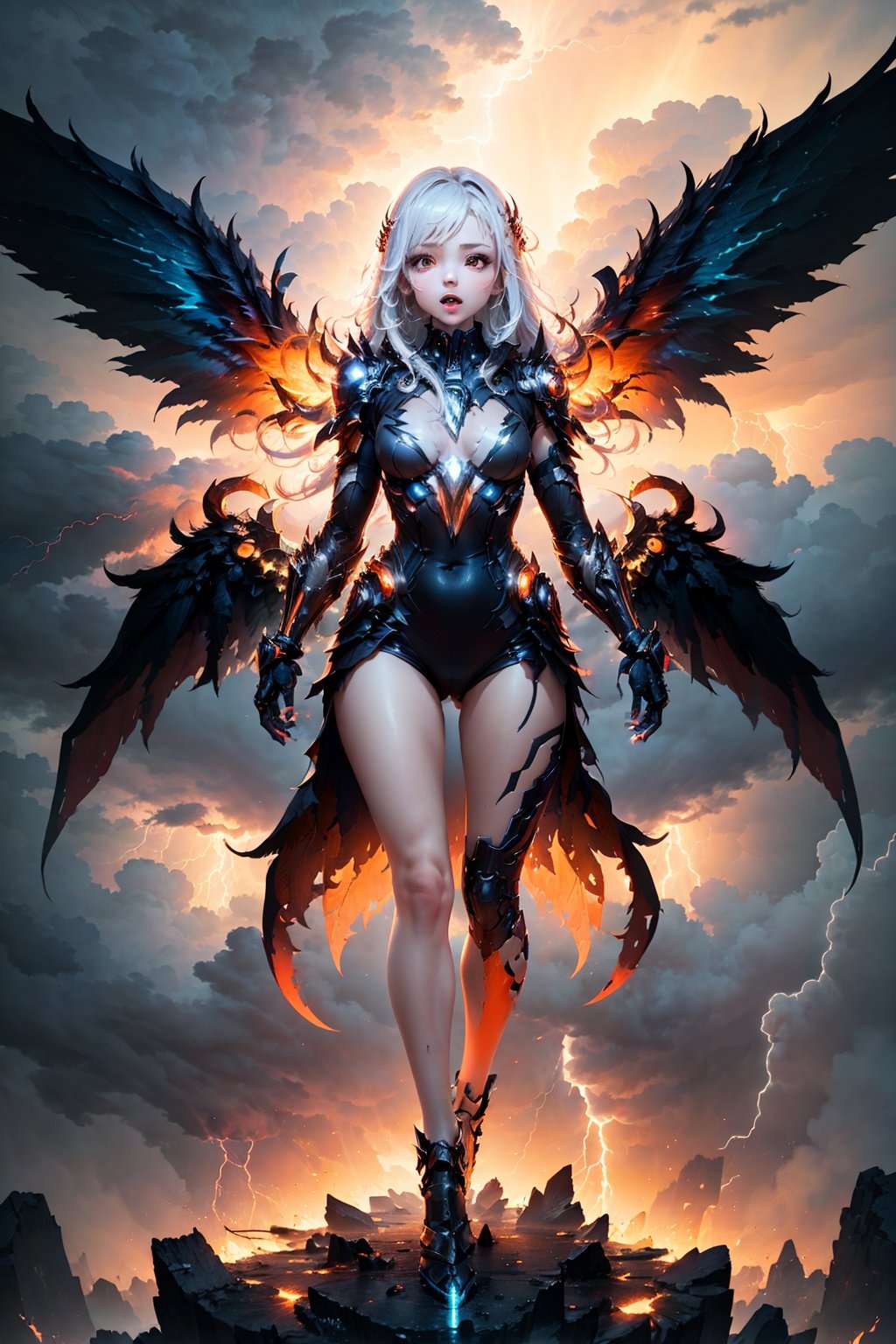 <lora:chibangnv:0.7>chibangnv,1girl,wings,White background,Long hair,, (the sky surrounded by clouds and lightnings, with a bright orange light coming from its mouth:1.3) breathing_fire