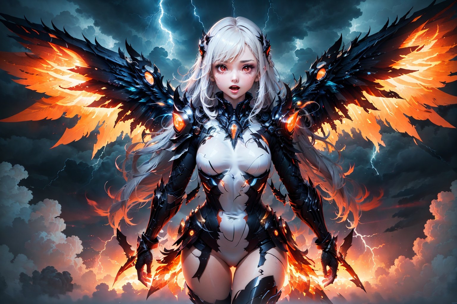 <lora:chibangnv:0.7>chibangnv,1girl,wings,White background,Long hair,, (the sky surrounded by clouds and lightnings, with a bright orange light coming from its mouth:1.3) breathing_fire