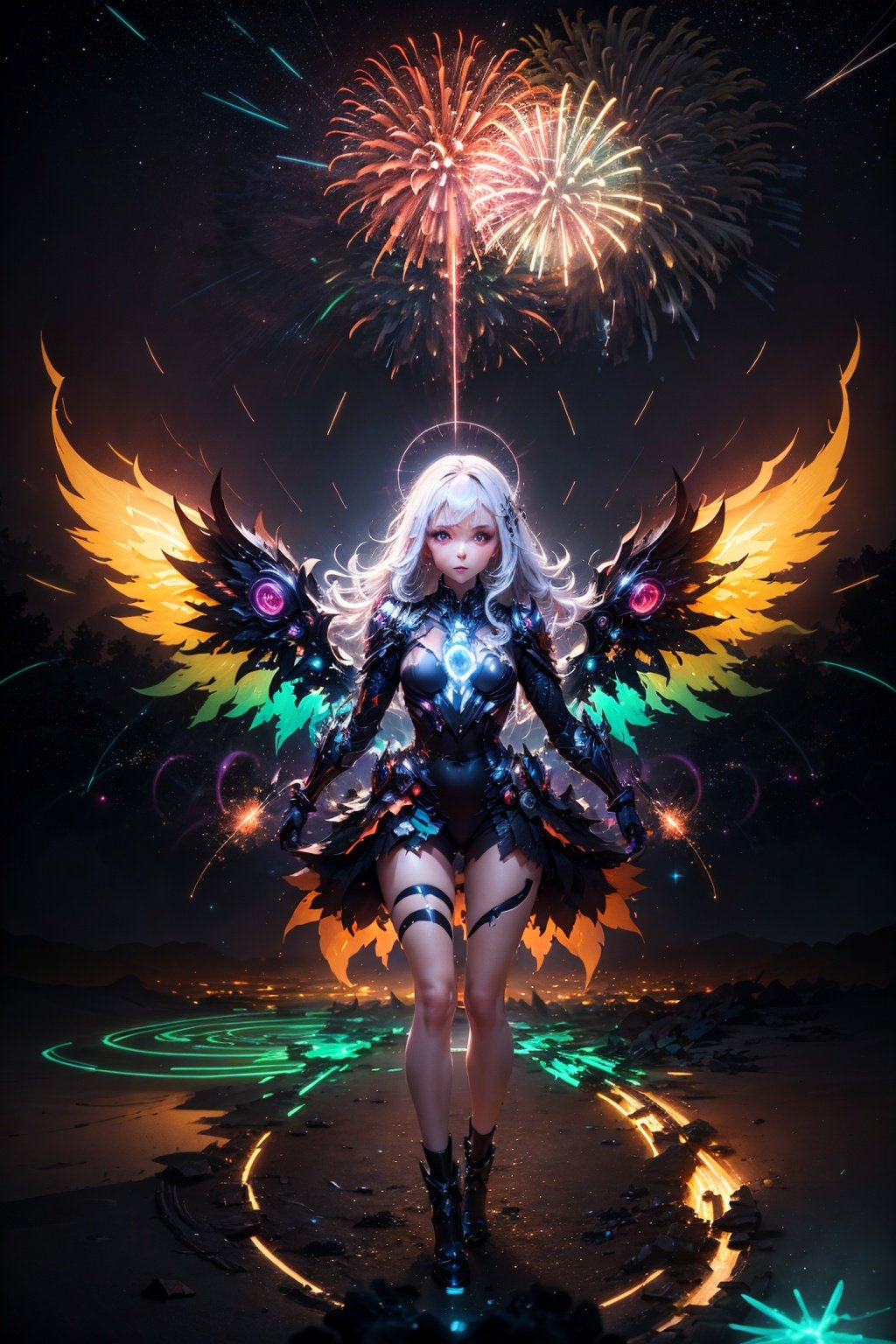 <lora:chibangnv:0.7>chibangnv,1girl,wings,White background,Long hair,, aerial_fireworks，moon,planet, holography, Kaleidoscope Photography, Kirlian, Lens Flares, Light leaks, Light Painting, Light Trails, Long-exposure, Star trail, Steel Wool Photography, X-ray, Color Blast,