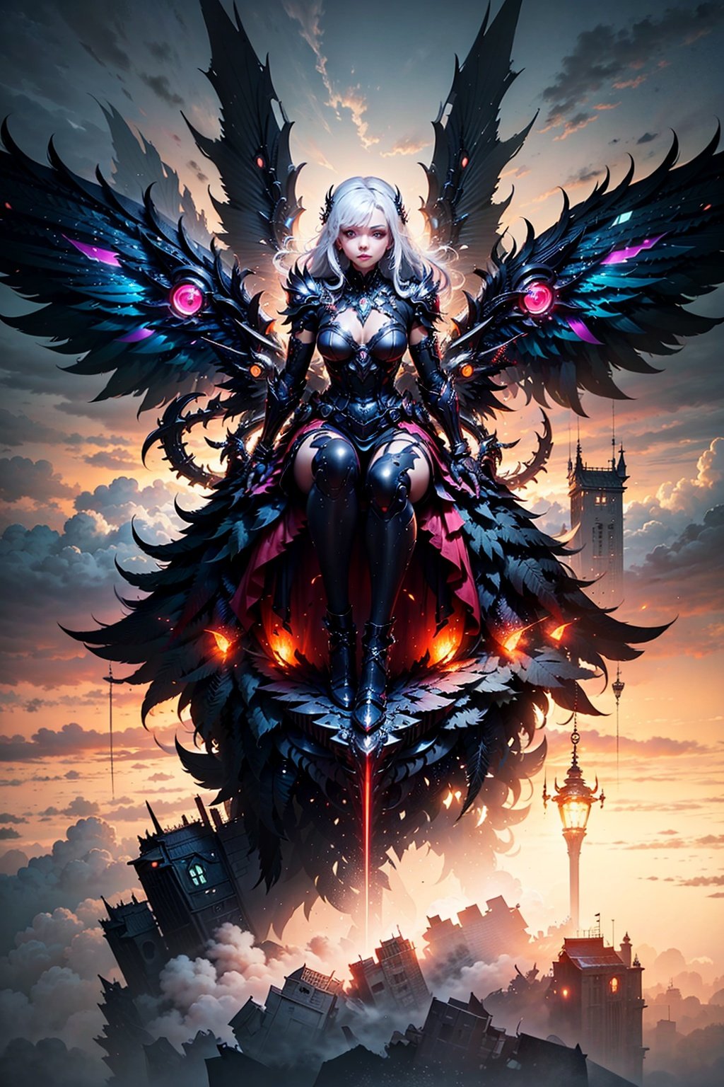 <lora:chibangnv:0.7>chibangnv,1girl,wings,White background,Long hair,, red,black,pink castle in the sky,above the clouds,magnificent,palace,machine castle,mechanical,engine style,steampunk,futuristic,cyberpunk