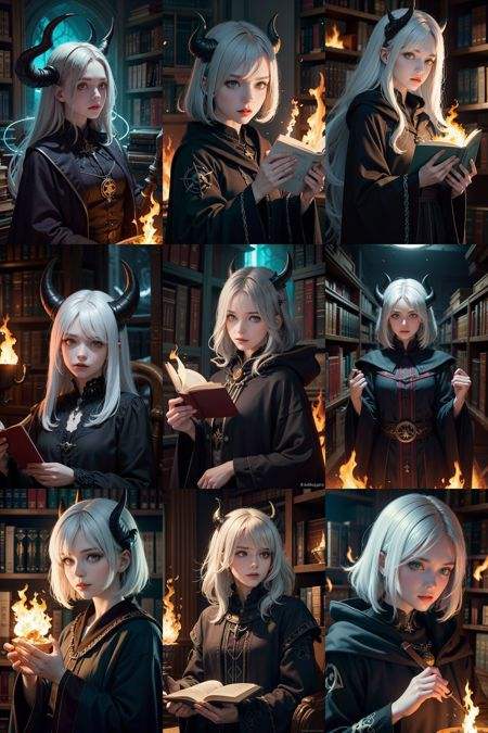 (best quality, masterpiece, realistic, detailed), 8k CG, perfect artwork,1girl, adult shedrn, horns, white hair, blue skin, glowing yellow eyes, (style-swirlmagic:1.0), portrait, looking at viewer, solo, half shot, detailed background, detailed face, (gothic dark fantasy theme:1.1) evil wizard, tattered Medium Brown magical robes, determined expression, purple color scheme, dark scarlet light, library, bookshelves, glowing magical runes, dark atmosphere, shadows, realistic lighting, floating particles, embers, surrounded by fire,(thick melting candles:0.8), green arcane symbols, corrupted by eldritch power, power-hungry eyes, bloom,<lora:epiNoiseoffset_v2:1>