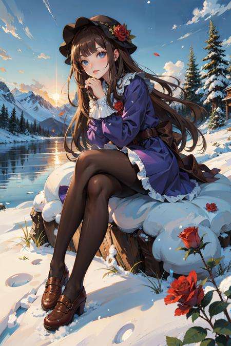 masterpiece, best quality, winter, snow field,1girl, bangs, blue eyes, blunt bangs, bonnet, brown footwear, brown hair, dress, frills, fruit, full body, hat, long hair, long sleeves, looking at viewer, pantyhose, purple dress, red flower, red rose, rose, shoes, sitting, solo,sky, sun, mountain, forest, lake,