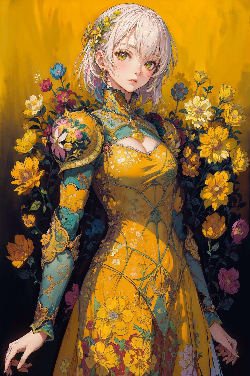 woman, flower dress, colorful, darl background,flower armor,yellow theme,<lora:Iridescence:0.75>, <lora:add_detail:1>