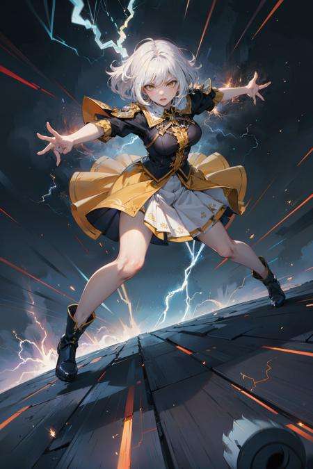 masterpiece, best quality,1girl, solo, (motion lines:1.1), bloom, cinematic lighting, full body, white hair, yellow eyes, intricate skirt, (fighting:1.2), angry, (thunder:1.3), (flying sparks), dynamic angle