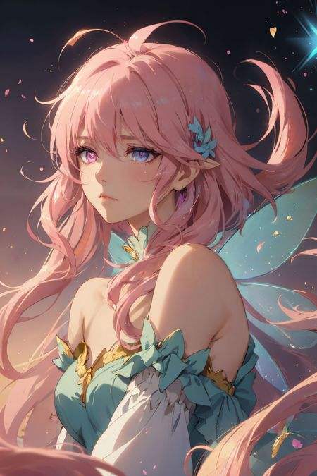With pink hair and rainbow eyes,beautiful as a fairy,A melancholy expression that stirs affection,side face,floating hair,light particles,glare,vivid,fancy,dreamlike,a dim atomshpere,