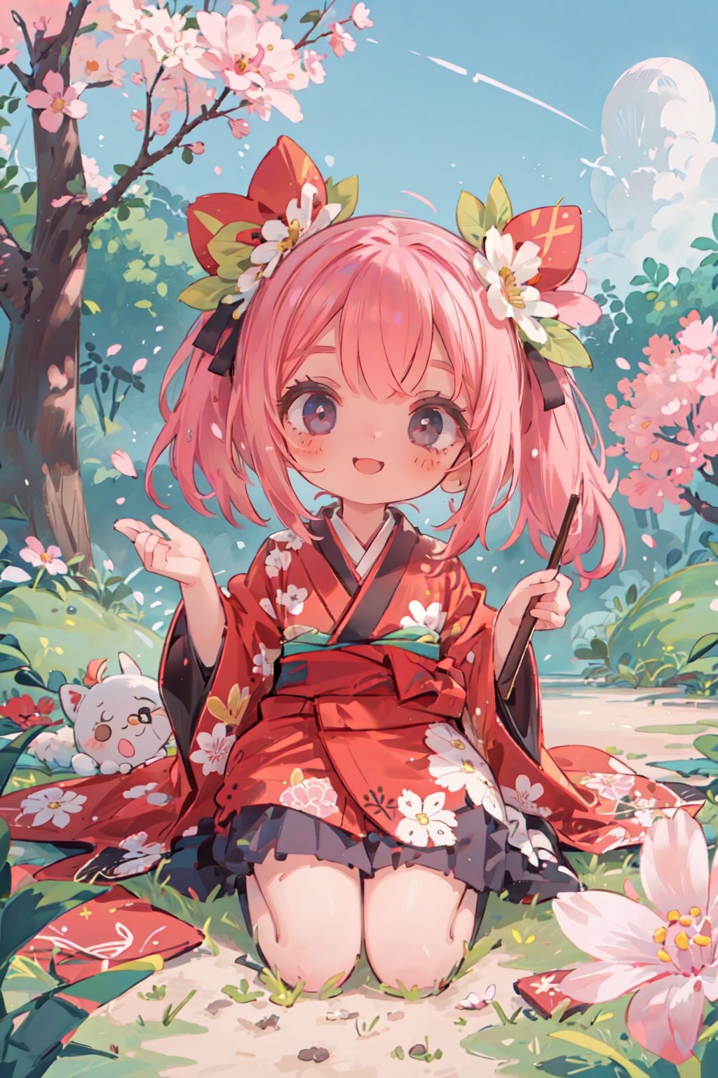 maximalism,(masterpiece, best quality),(loli,child,little girl:1.3),(1girl,solo:1.5),smile,kimono,sakura, <lora:normal_cute:1>