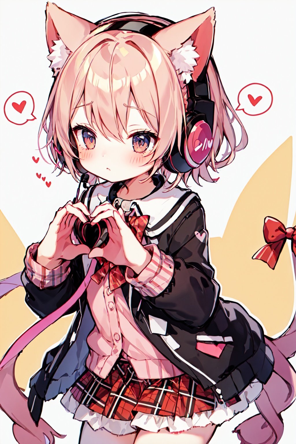 1girl, (heart hands),looking away,cat ear headphones,plaid skirt,cane,day,spoken heart,,NijiCute