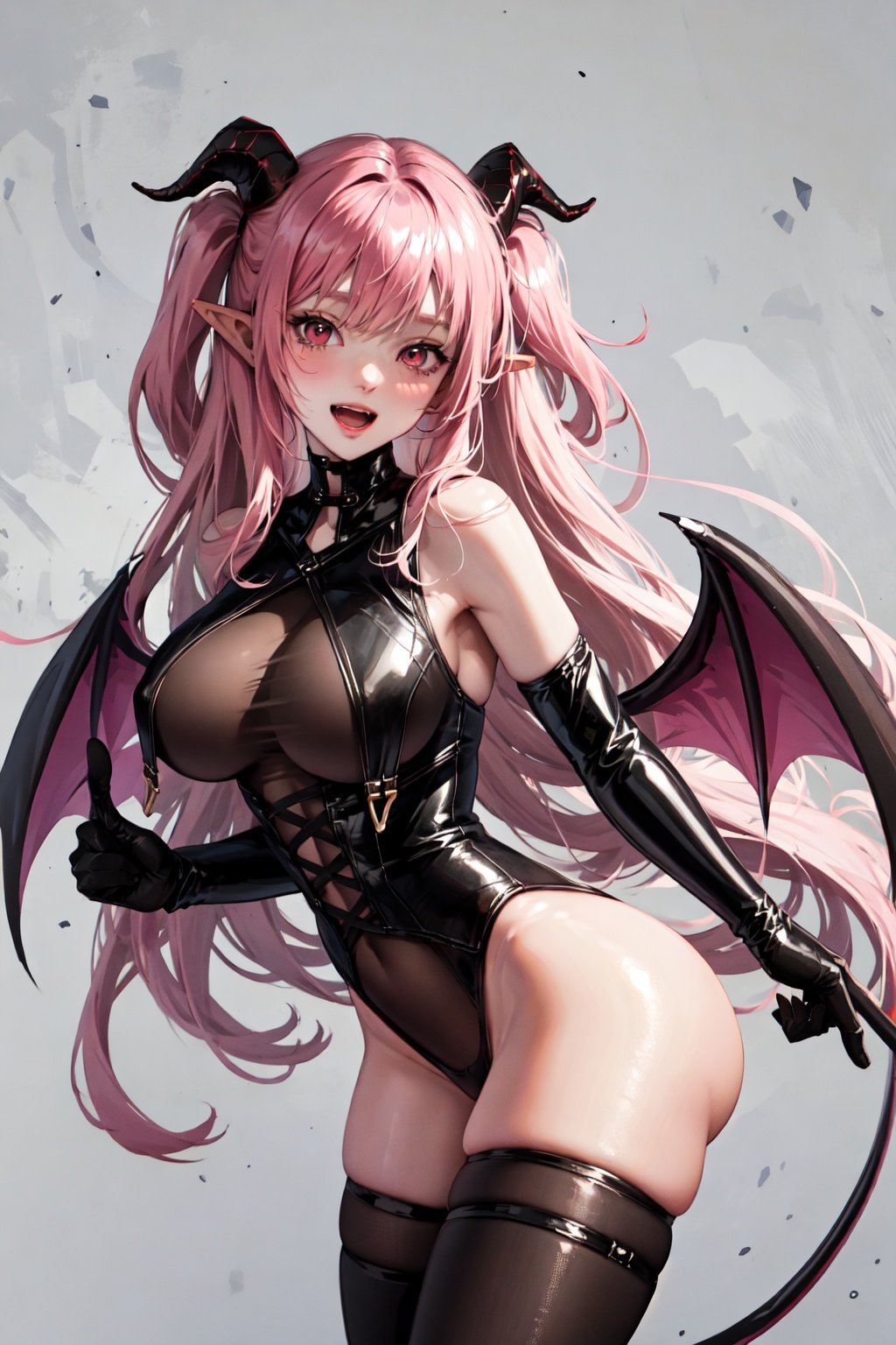 (best quality, ultra detailed, illustration, masterpiece),<lora:CB-000008:0.9>,curtains, bodystocking, 1girl, demon girl, pink hair, ass, solo, horns, gloves, pointy ears, tail, wings, long hair, elbow gloves, thighhighs, demon tail, huge breasts, covered nipples, demon wings, looking at viewer, blush, smile, red eyes, black gloves, demon horns, open mouth, black thighhighs, thighs, gradient background, gradient