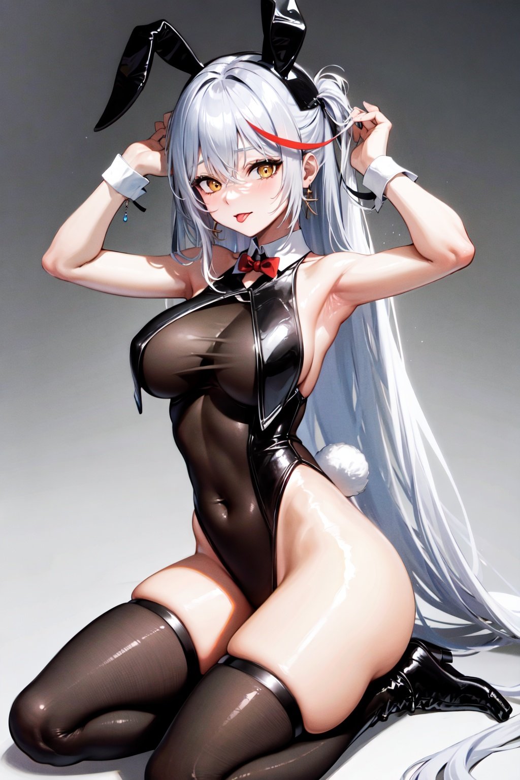 (best quality, ultra detailed, illustration, masterpiece),<lora:CB-000006:0.9>,curtains, bodystocking, 1girl, rabbit ears, thighhighs, solo, animal ears, long hair, white hair, tail, playboy bunny, leotard, large breasts, red hair, yellow eyes, multicolored hair, very long hair, fake animal ears, streaked hair, looking at viewer, black leotard, armpits, wrist cuffs, bowtie, bow, black thighhighs, detached collar, jewelry, hair between eyes, skindentation, earrings, simple background, arms up, rabbit tail, thighs, tongue out, highleg leotard, tongue, highleg, covered navel, red bowtie, alternate costume, boots, white background