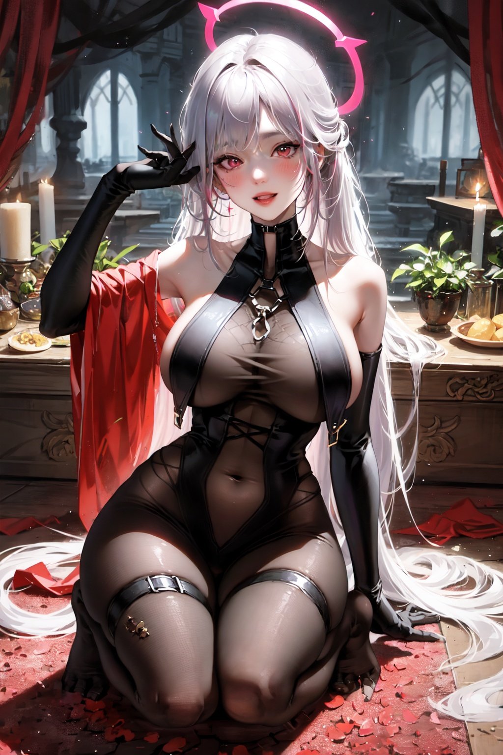 (best quality, ultra detailed, illustration, masterpiece),<lora:CB-000008:0.9>,curtains, bodystocking, 1girl, squatting, halo, solo, tail, huge breasts, v, demon tail, long hair, pelvic curtain, double v, covered navel, gloves, pink hair, looking at viewer, breast curtains, blush, red eyes, white hair, elbow gloves, smile, ahoge