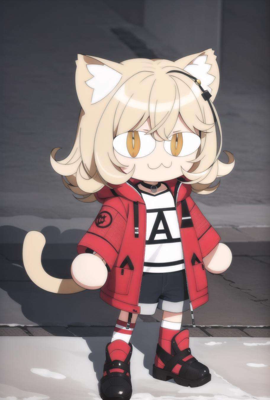 necopose, neco spirit, 1girl, :3, cat ears, full body, chibi, cat girl, cat tail, solo, slit pupils, curly hair, light brown eyes, duffel coat and denim shorts, white background, simple background, incredibly absurdres, best quality