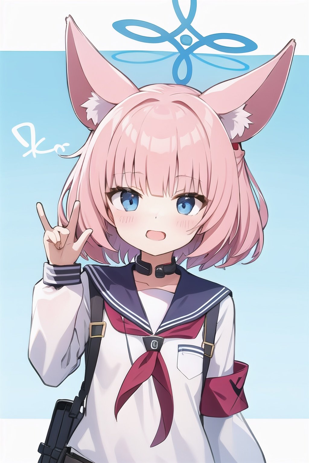 short hair,pink hair,blue eyes,fox girl,fox ears,halo,serafuku,arm band,open mouth,happy,