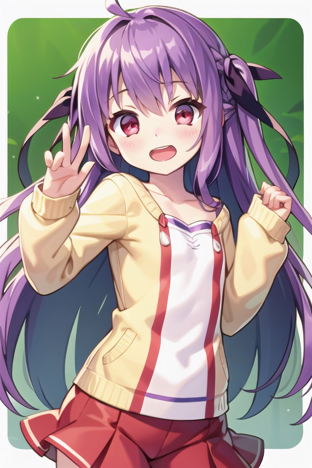 long hair,purple hair,red eyes,hair ribbon,open mouth,happy,