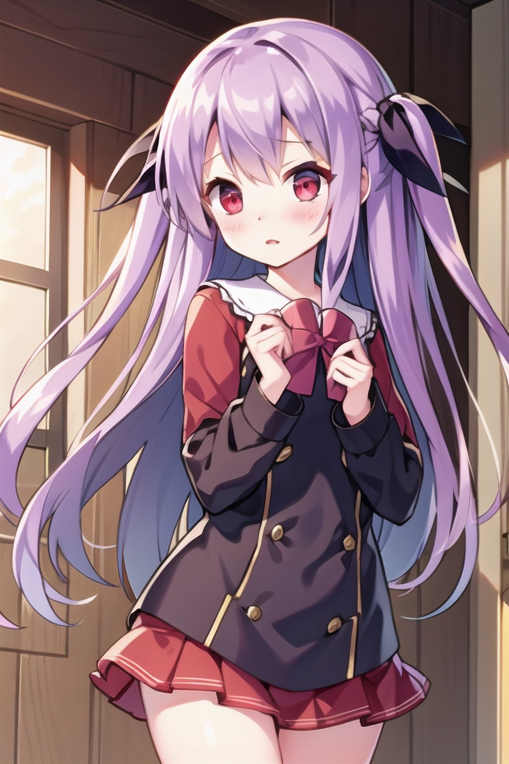 long hair,purple hair,red eyes,hair ribbon,