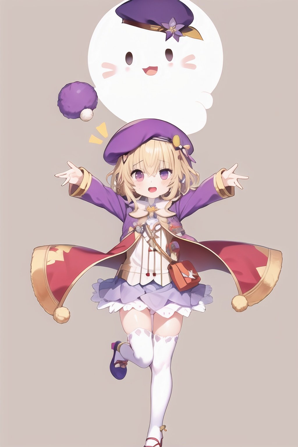 short hair,purple eyes,blonde hair,x hair ornament, open mouth,happy,beret,white legwear,