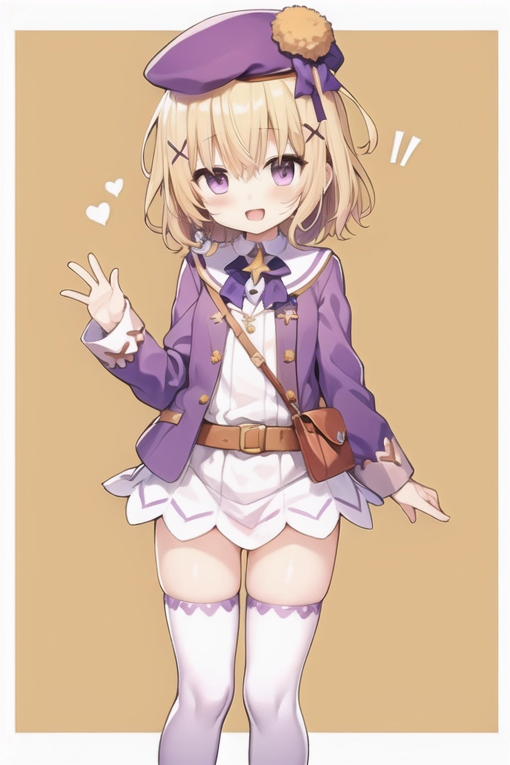 short hair,purple eyes,blonde hair,x hair ornament, open mouth,happy,beret,white legwear,