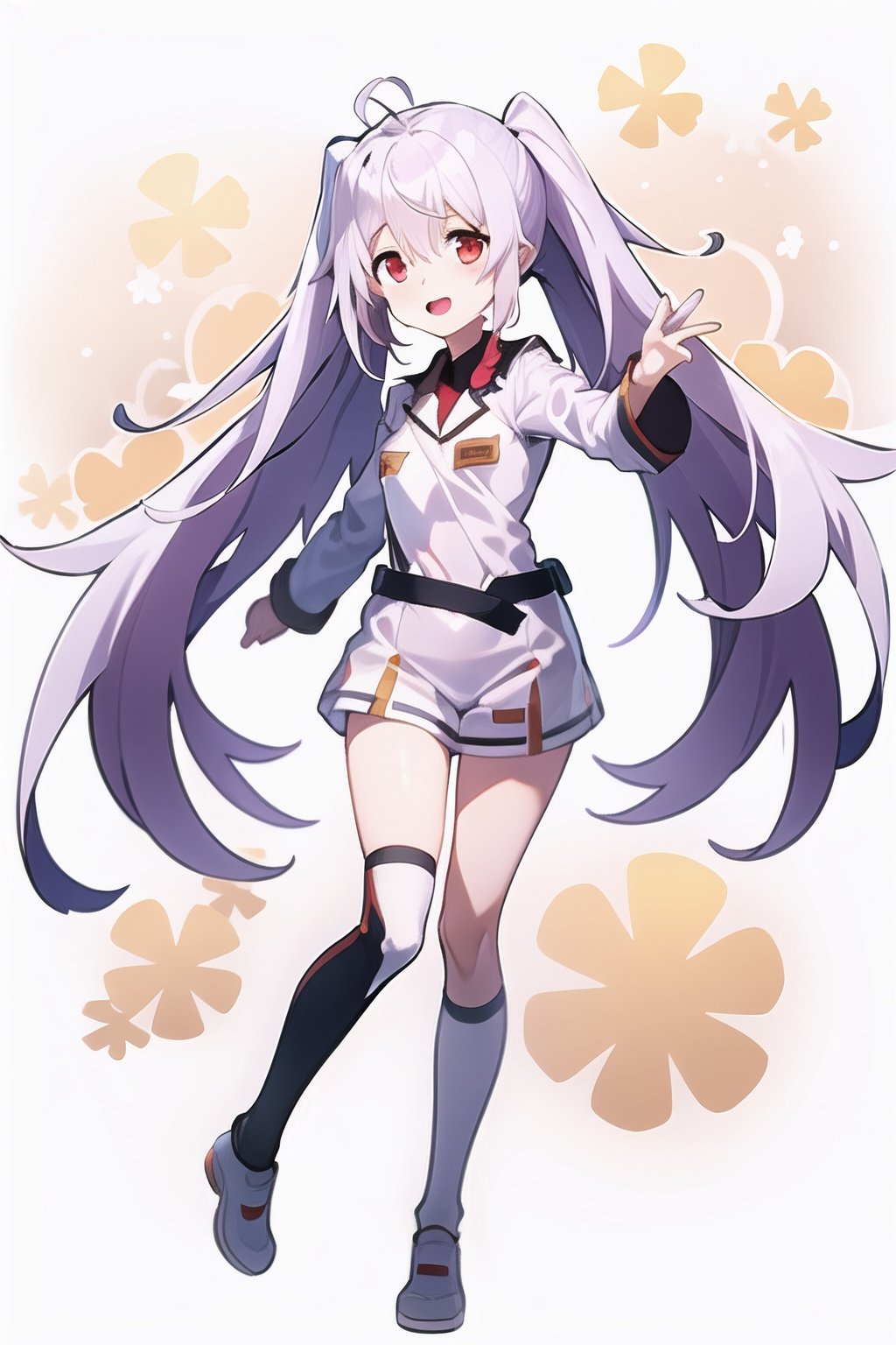 open mouth,happy,long hair,red eyes,sliver hair,twintail,ahoge,uniform,white legwear,