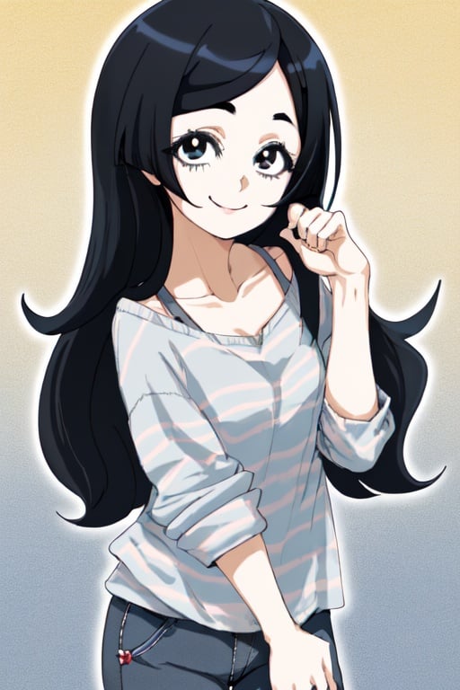 black eyes, long hair, dark blue hair, barbara Parker, 1girl, happy, Casual clothes, animestyle,