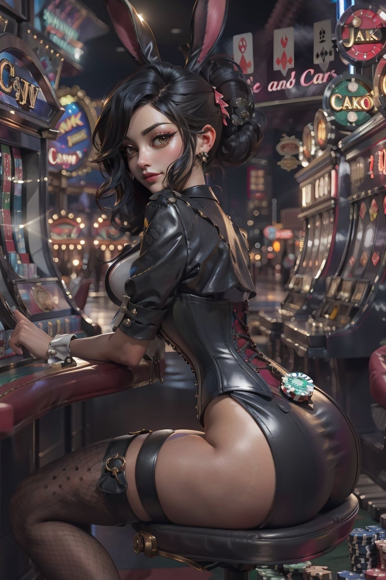 (bunny dealer:1.2),(casino:1.1),revealing corset,dealing cards at blackjack table,coy wink at player's winning hand,plush tail twitching behind,pointy ears peeking through styled hair,fishnet stockings,sits perched on tall chair,Bargaining chip,pokestop,slot machine,