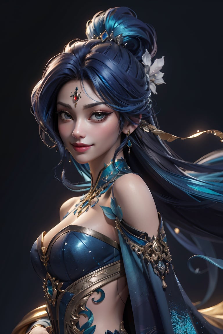 (absurdres,official art,unity 8k wallpaper,ultra detailed,High quality,best quality),(upper body portrait:1.2),(fantasy:1.1),woman,drapey off-the-shoulder gown,ornate jewelry,stars in long flowing hair,mysterious smile hints at secrets untold,azure skin with metallic sheen,otherworldly allure,