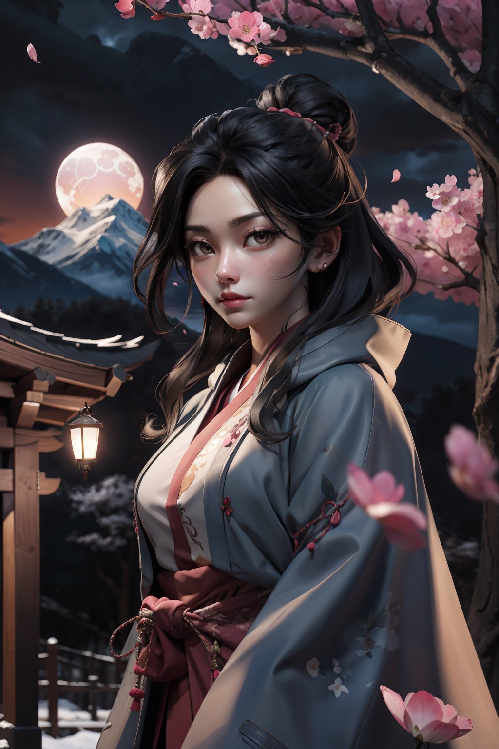 (absurdres,official art,unity 8k wallpaper,ultra detailed,High quality,best quality),(best quality, masterpiece),(1girl, miko, coat, expression face, black eyes, looking at front ,black hair, walking, upper body), (night strray sky, huge old tree behind, falling glowing pink petals behind, shrine behind, mountain background, blowing wind, meteoric cloud),