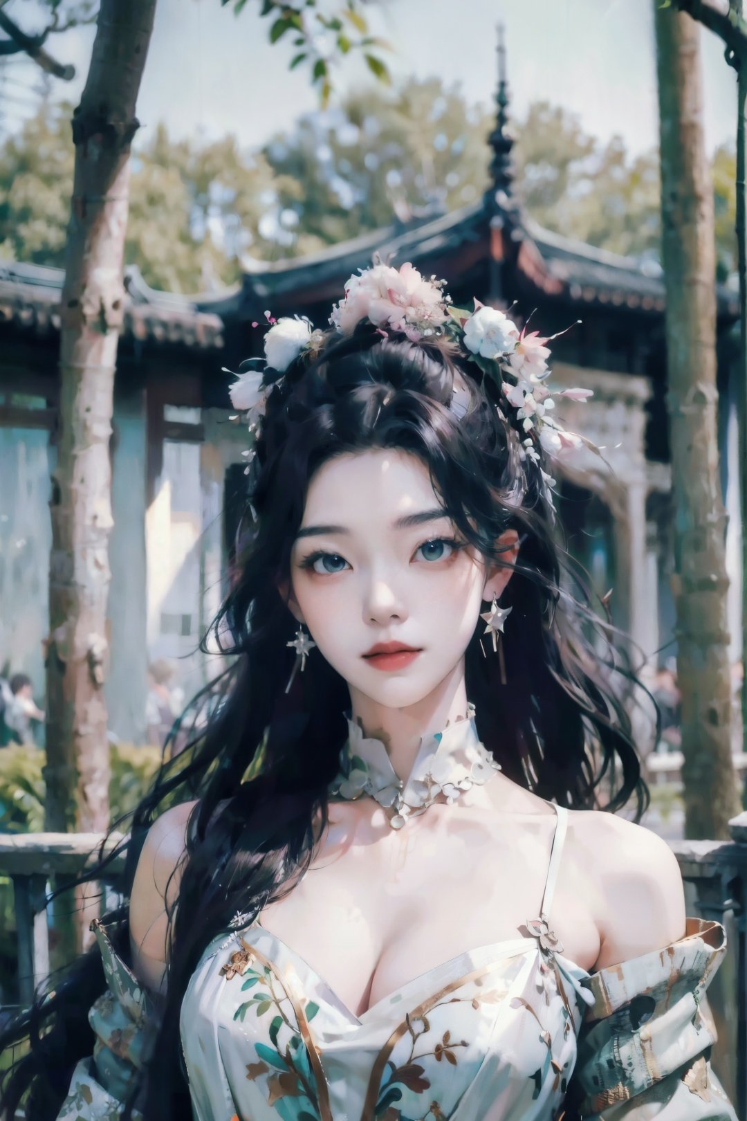 Best quality,masterpiece,ultra high res,(photorealistic:1.4),Detailed face,((1girl)),solo,cleavage,full body,Beautiful girl,upper body,sheath,architecture,<lora:suzhouyuanlin:0.8>,bush,day,dress,forest,fountain,garden,grass,long_hair,moss,nature,outdoors,overgrown,path,plant,road,scenery,stairs,star_\(sky\),tree,very_long_hair,<lora:sd-No.183-000014:0.8>,