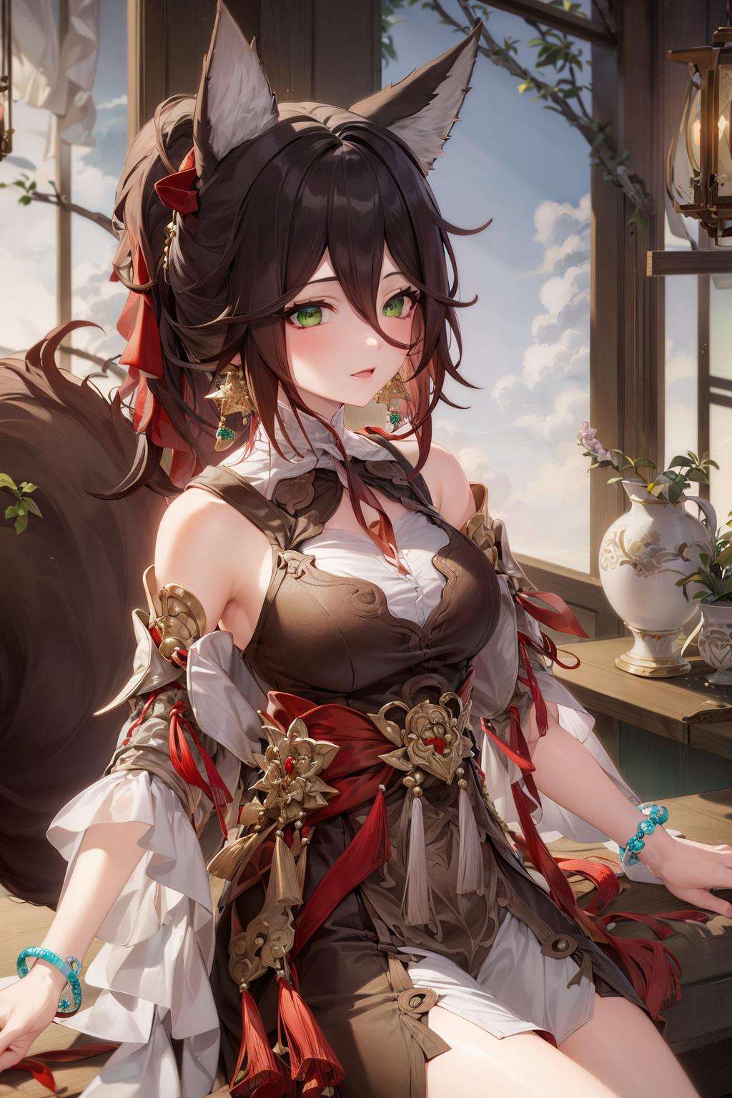 1girl，highly detail,beautiful detailed eyes, realistic,tight skn,skin texture,animal ears,green eyes,red eyeshadow, bangs,tassel, red ribbon, brown dress,white dress,earrings,jewelry, bracelet, ponytail holder, tail,fur-tipped tail, clothing cutout, brown hair，, masterpiece, best quality,