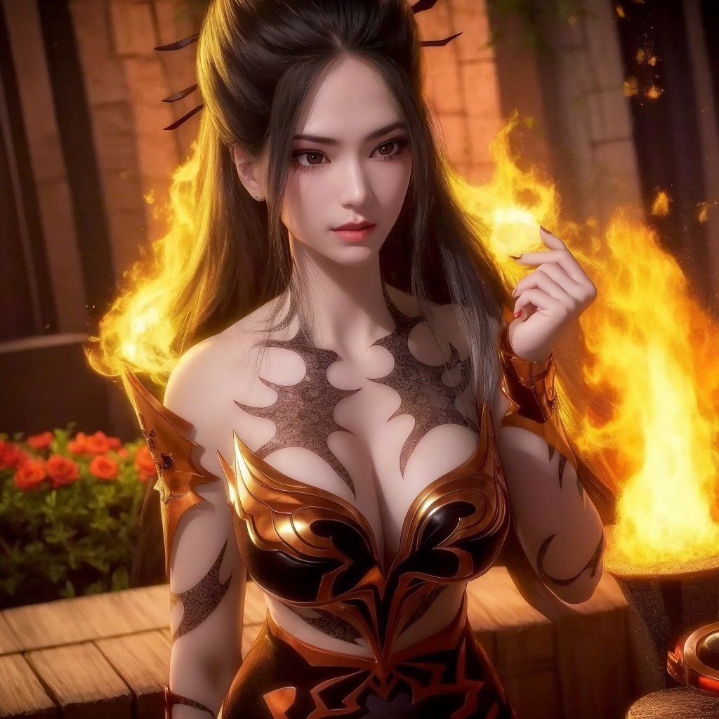 1girl， <lora:焰灵姬目前最佳:1>.,breast tattoo, large breasts, fire，, masterpiece, best quality,