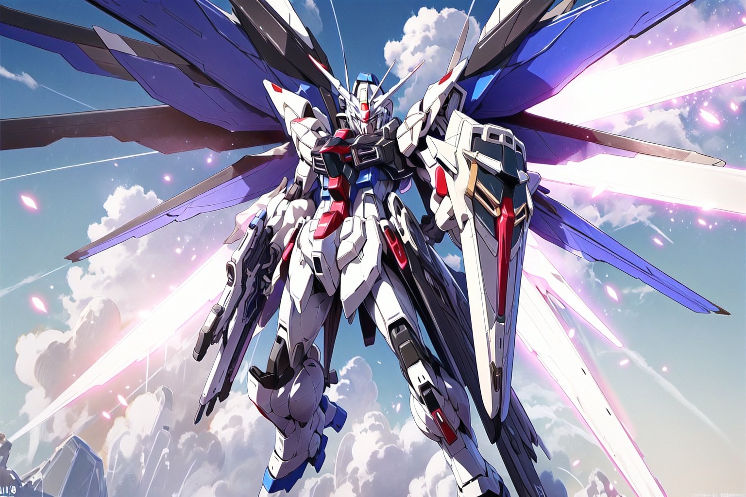 masterpiece,best quality,Mecha,Ultra-high resolution,(Fidelity:1.4),8KWallpaper,Blue Sky,white clouds,Mobile Suit,Freedom,full body,Facial details,Shield,fly in the air,Fin deployment,blue fin,Handheld Beam Rifle,Aim,glowing eyes,Dynamic action,<lora:freedom_20230618010249-000008:0.7>,