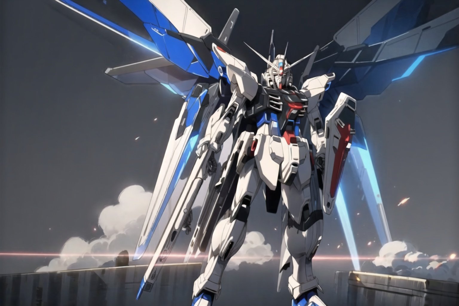 masterpiece,best quality,Mecha,Ultra-high resolution,Facing the audience,Matte screen,(Fidelity:1.4),8KWallpaper,white clouds,Mobile Suit,Freedom,full body,Facial details,Shield,fly in the air,(Night background:1.3),(Fin deployment:1.1),blue fin,Handheld Beam Rifle,glowing eyes,Dynamic action,<lora:freedom_20230618010249-20:0.8>,