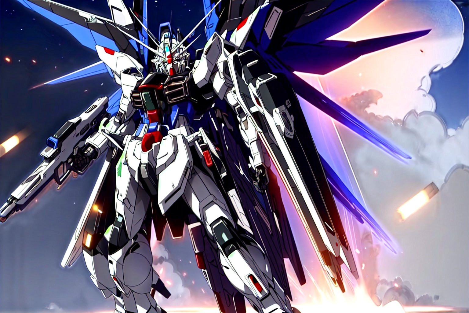 masterpiece,best quality,Mecha,Ultra-high resolution,Matte screen,(Fidelity:1.4),8KWallpaper,white clouds,Mobile Suit,Freedom,full body,Facial details,Shield,fly in the air,(Night background:1.3),Fin deployment,blue fin,Handheld Beam Rifle,glowing eyes,Dynamic action,<lora:freedom_20230618010249-20:0.8>,