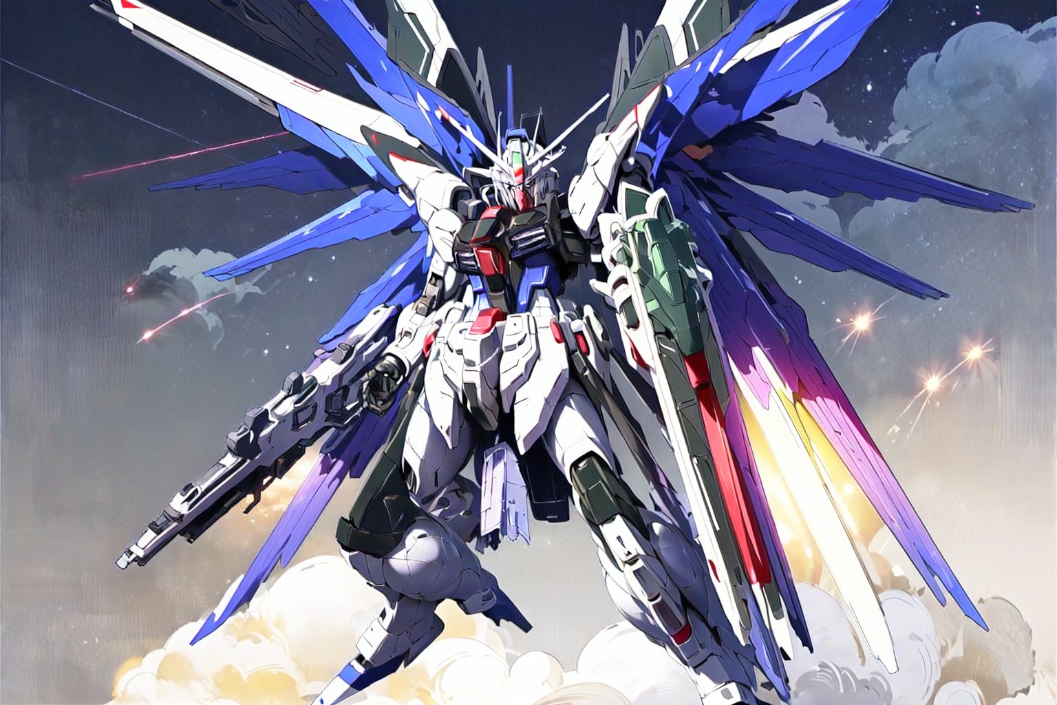 masterpiece,best quality,Mecha,Ultra-high resolution,Matte screen,(Fidelity:1.4),8KWallpaper,white clouds,Mobile Suit,Freedom,full body,Facial details,Shield,fly in the air,(Night background:1.3),Fin deployment,blue fin,Handheld Beam Rifle,glowing eyes,Dynamic action,<lora:freedom_20230618010249-20:0.8>,