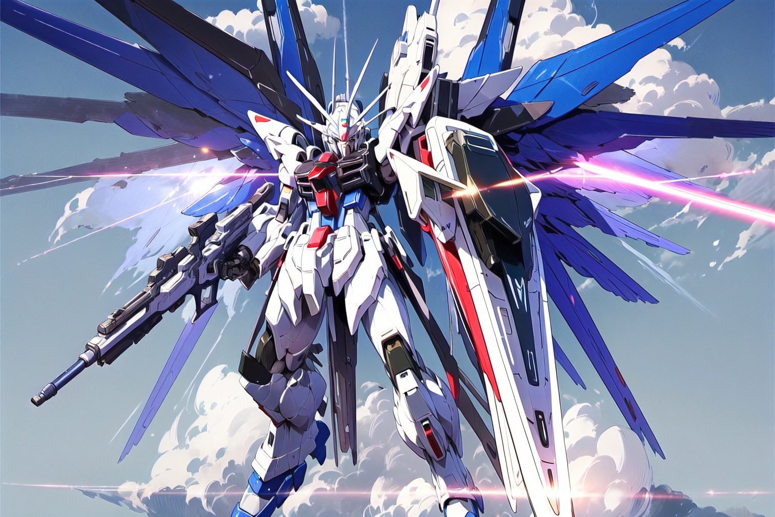 masterpiece,best quality,Mecha,Ultra-high resolution,(Fidelity:1.4),8KWallpaper,Blue Sky,white clouds,Mobile Suit,Freedom,full body,Facial details,Shield,fly in the air,Fin deployment,blue fin,Handheld Beam Rifle,Aim,glowing eyes,Dynamic action,<lora:freedom_20230618010249-000008:0.7>,