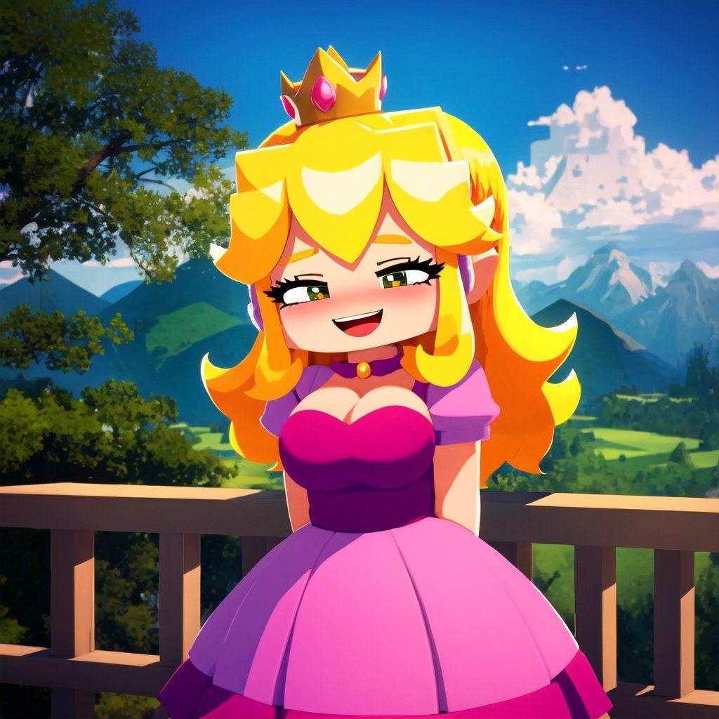 masterpiece, best quality, 1girl, (princess peach), mini crown, long dress, blonde hair, pink dress, arms behind back, smile, wide-eyed, open mouth, :d, happy, outdoors, castle, balcony, forest, mountainous horizon, sky, looking at viewer, cowboy shot