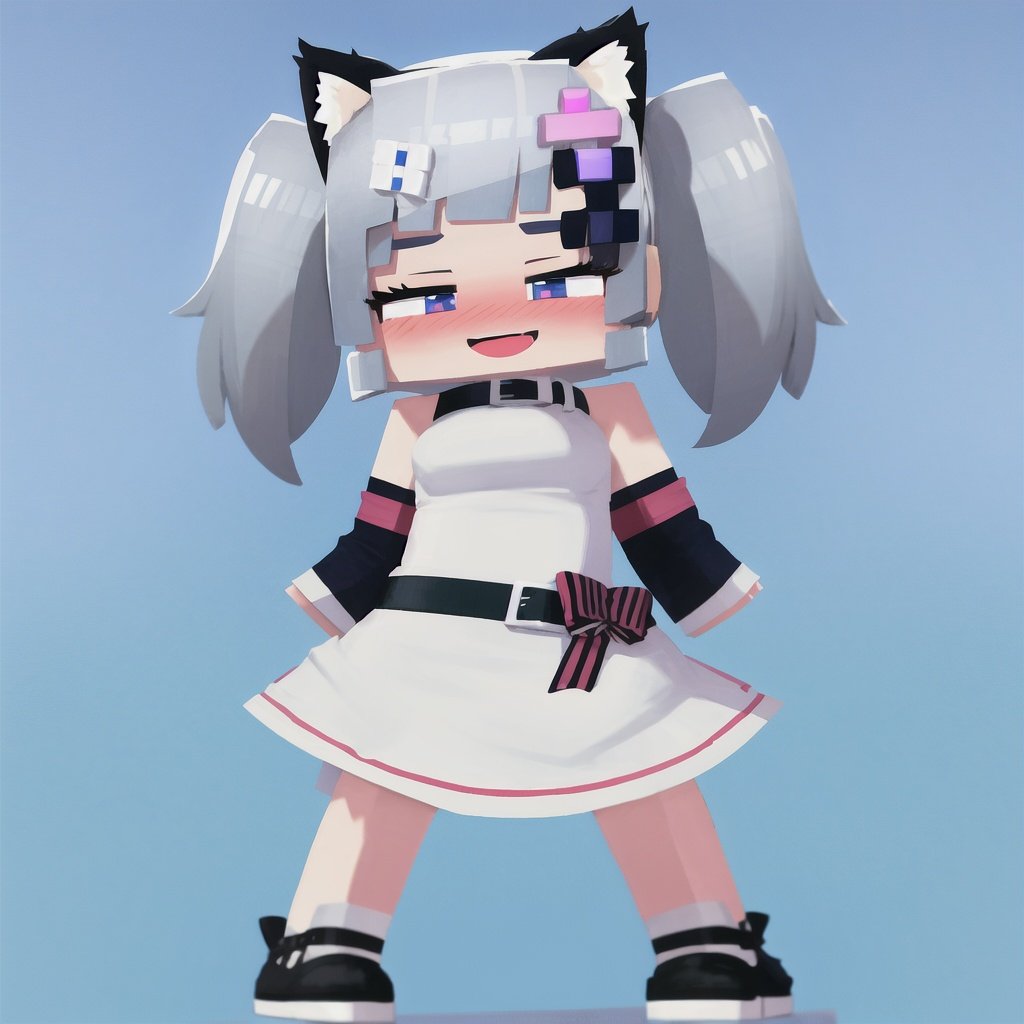 rating:safe, virtual youtuber, 1girl, animal ears, dress, open mouth, solo, cat ears, belt, twintails, sky, gradient, collar, shoes, smile, blue sky, day, gradient background, blush, hair ornament, silver hair, blue background, standing