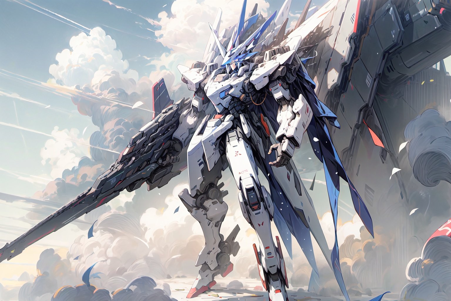 masterpiece,best quality,Mecha,Ultra-high resolution,(Fidelity:1.4),8KWallpaper,full body,Blue Sky,white clouds