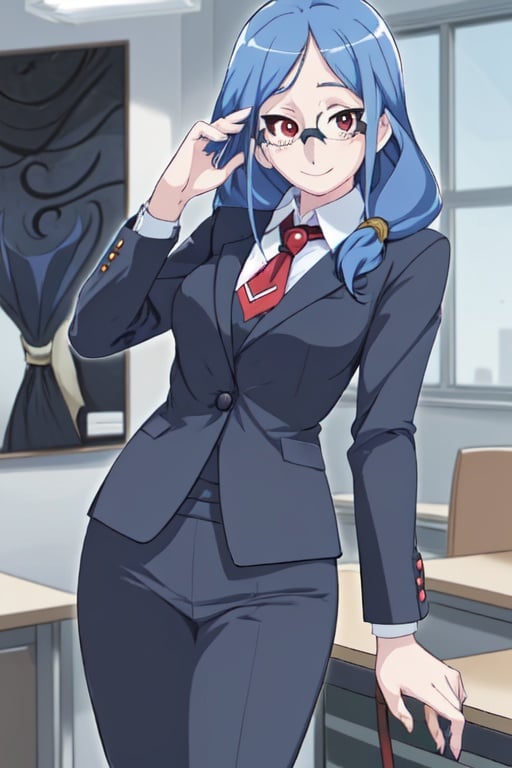 1girl, blue hair, glasses, Ursula callistis, long hair,animestyle, red eyes, happy,office suit