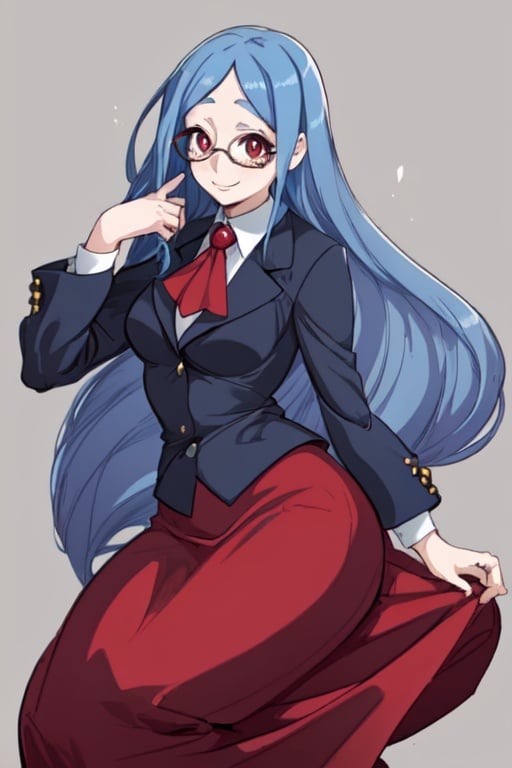 1girl, blue hair, glasses, Ursula callistis, long hair,animestyle, red eyes, happy,teacher costume,