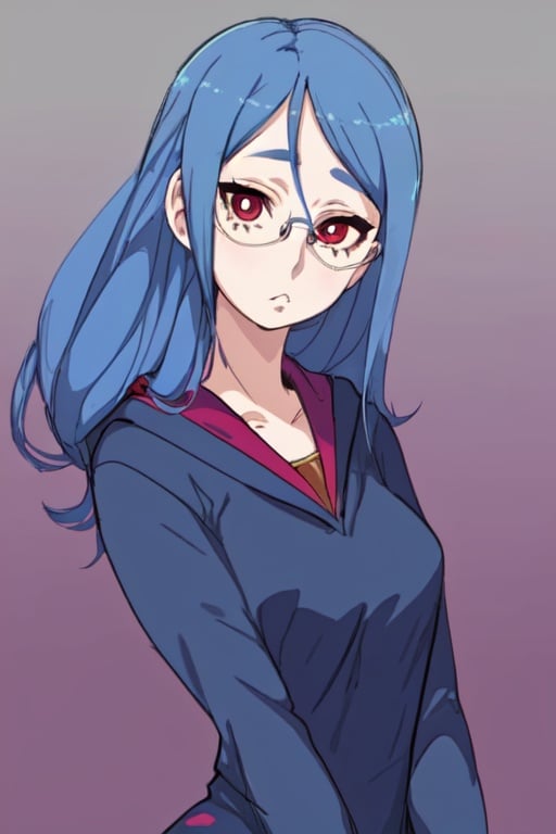 1girl, blue hair, glasses, Ursula, long hair,animestyle, red eyes, teacher custom, 