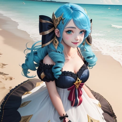 beach, 1girl, absurdres, black bow, black gloves, black legwear, blue eyes, blue hair, bow, collarbone, dress, drill hair, frilled dress, frills, gloves, gwen \(league of legends\), hair ornament, highres, league of legends, long hair, parted lips, puffy sleeves, pink pupils, smile, solo, white dress, x, x hair ornament <lora:格温cosV2:1>