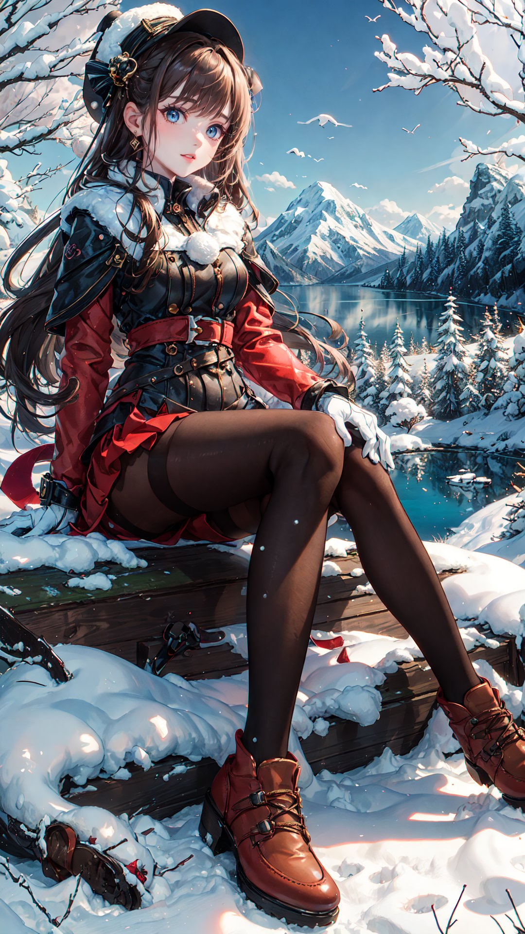 cbpkv5,masterpiece, best quality, winter, snow field, 1girl, bangs, blue eyes, blunt bangs, bonnet, brown footwear, brown hair, frills, fruit, full body, hat, long hair,looking at viewer, shoes, sitting, solo, sky, sun, mountain, forest, lake,<lora:cbpkv5:0.65>