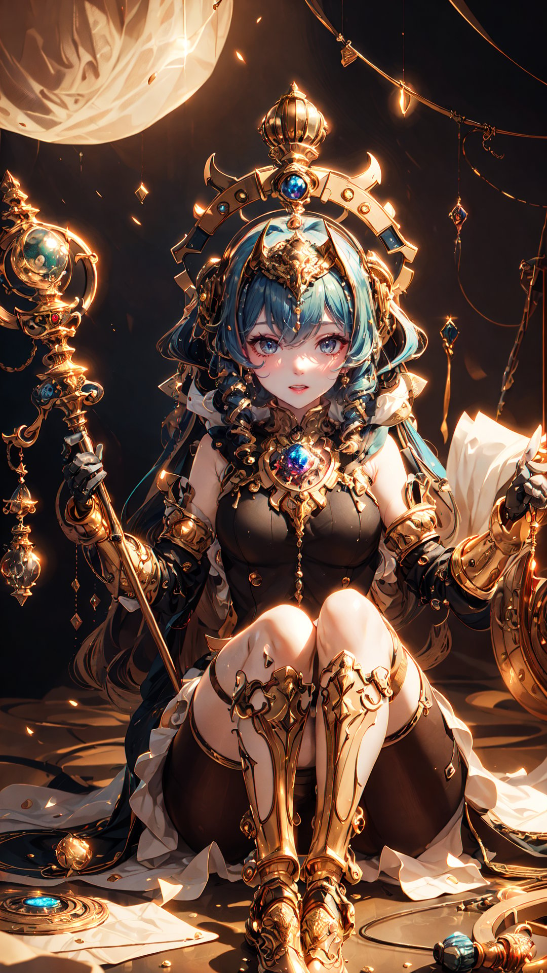 cbpkv5,(masterpiece, top quality, best quality, official art, beautiful and aesthetic:1.3), (1girl:1.3), extreme detailed, colorful, highest detailed,((ultra-detailed)), (highly detailed CG illustration), ((an extremely delicate and beautiful)), cinematic light, petite, anubis attire, solo, (abstract art:1), full body, moon, night, ((ancient egyptian theme)), (anubis ears), pyramids, staff, (gold), golden ornaments, ((expressionless)), pharao, hierography, portrait, body tattoo, face tattoo, active pose, over head lighting, fangs, glowing eyes, sitting, relics,<lora:cbpkv5:0.65>